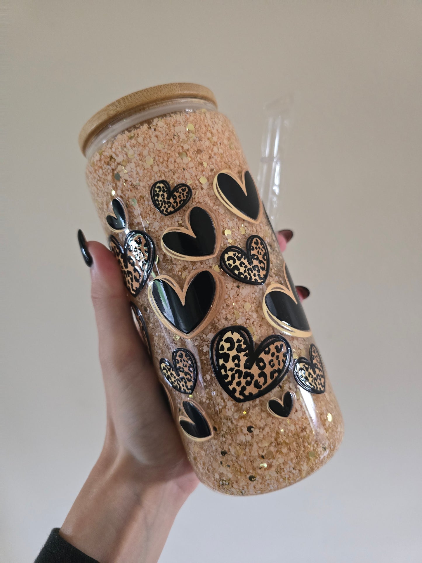 Leopard Heart 16oz Glass Snowglobe Tumbler