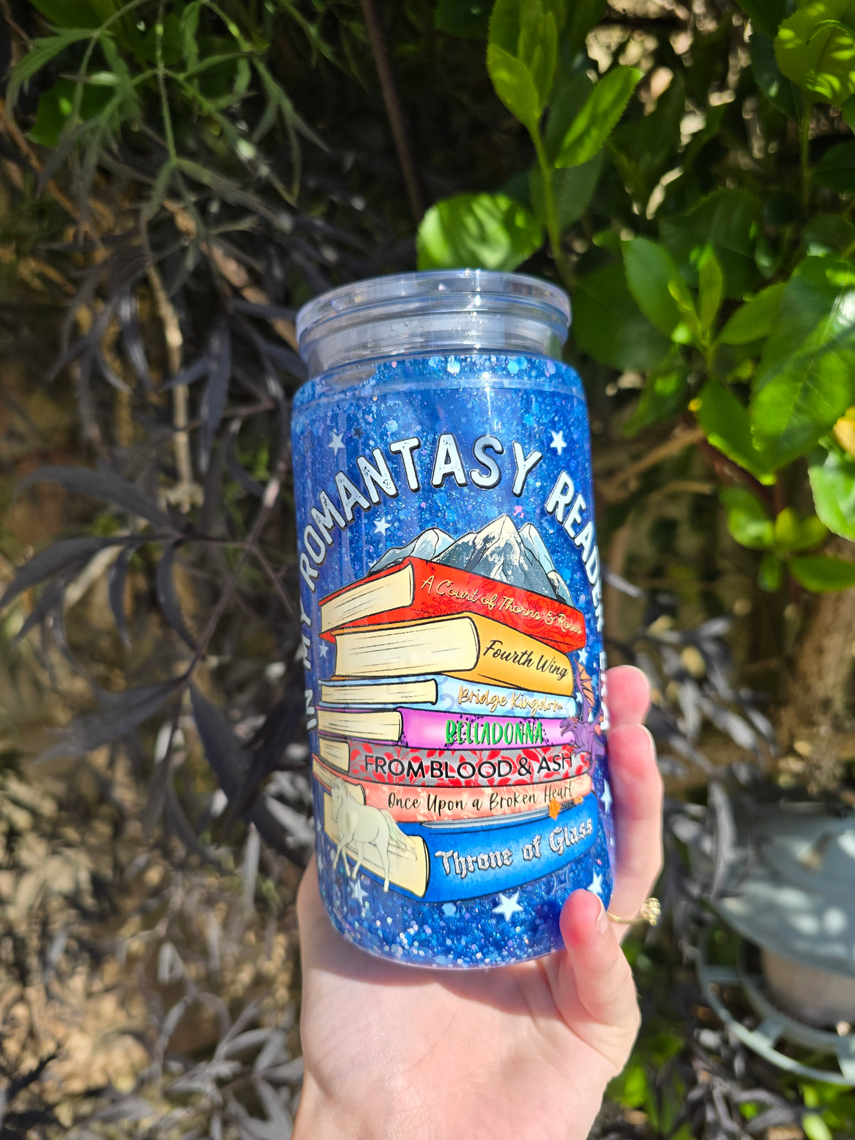 Fantasy Reader 16oz Acrylic Handle Snowglobe Tumbler