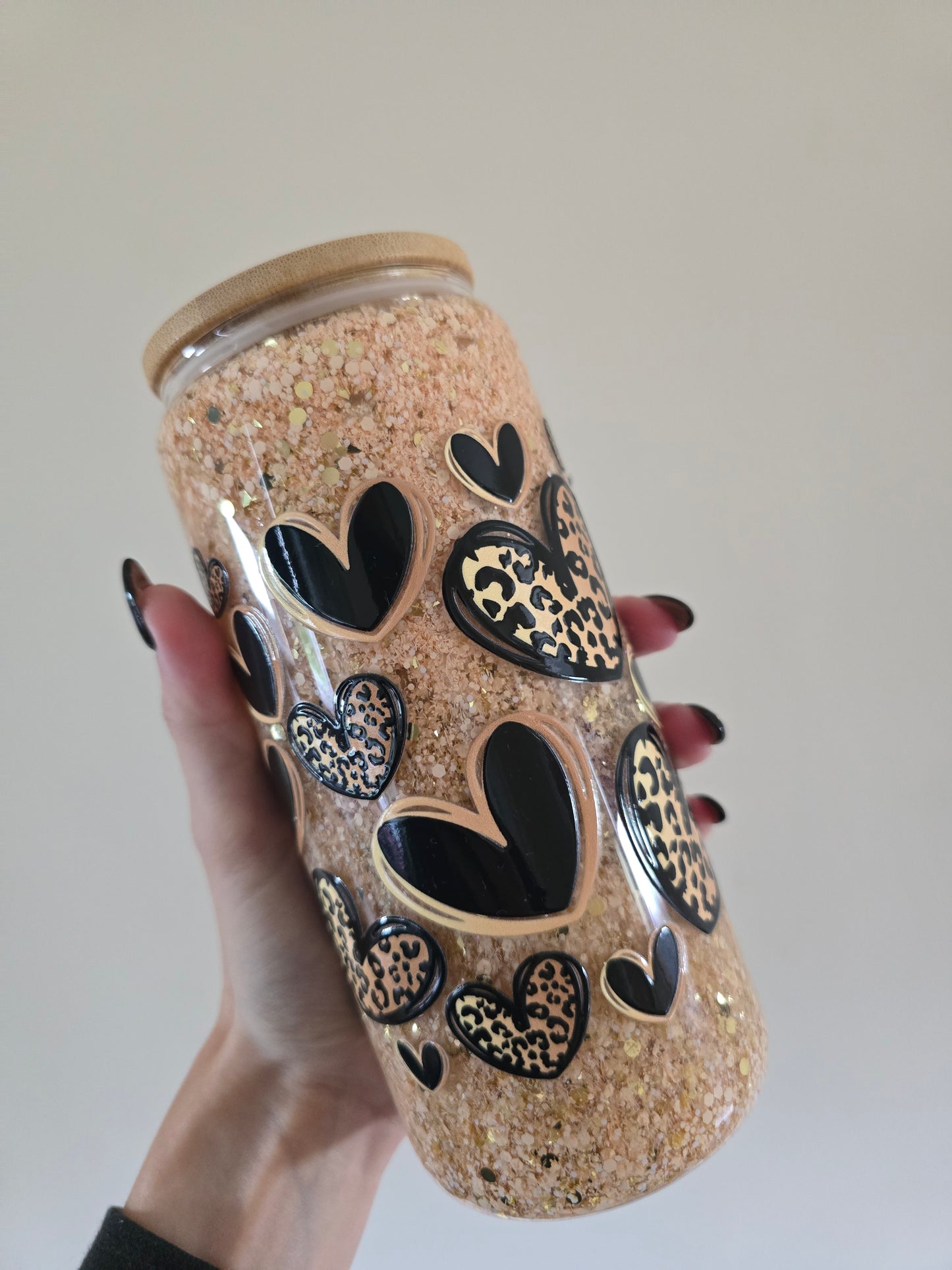 Leopard Heart 16oz Glass Snowglobe Tumbler