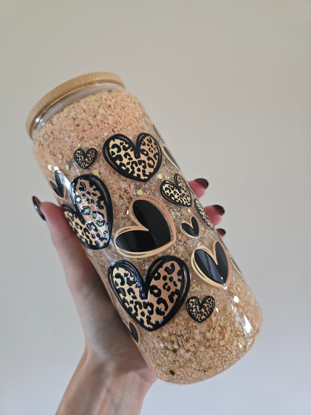 Leopard Heart 16oz Glass Snowglobe Tumbler