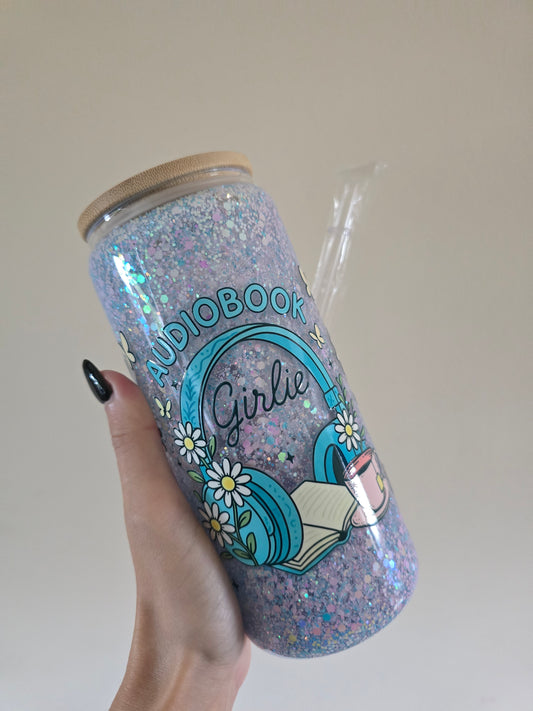 Audio Book Girlie 16oz Glass Snowglobe Tumbler