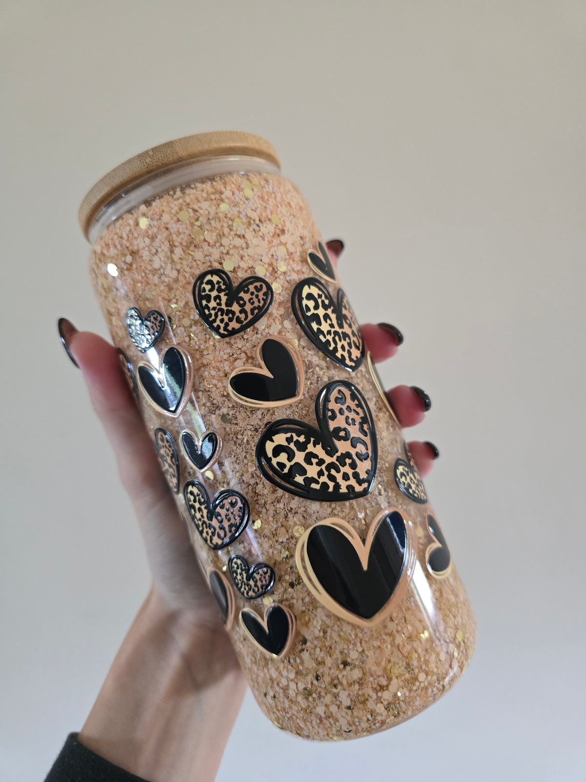 Leopard Heart 16oz Glass Snowglobe Tumbler